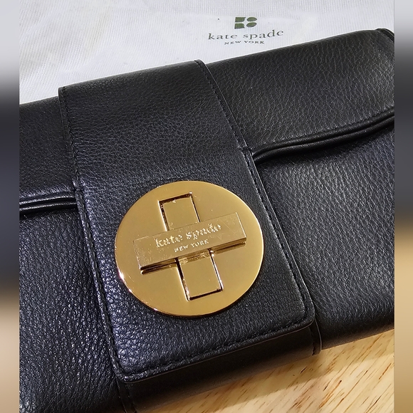 Kate Spade Black Leather 2 Way Clutch Shoulder Handbag Gold Chain & Dustbag EUC - Picture 3 of 16